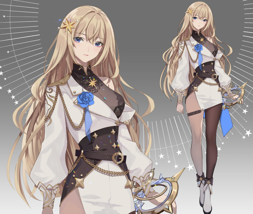 1girl, alicia_blanche, alternate_costume, asymmetrical_legwear, blonde_hair, blue_eyes, blue_flower, blue_rose