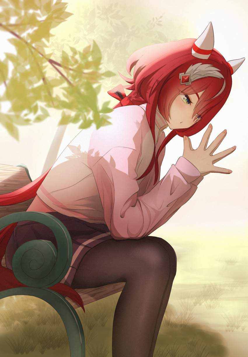 1girl, absurdres, animal_ears, bench, black_pantyhose, black_skirt, casual, commentary_request