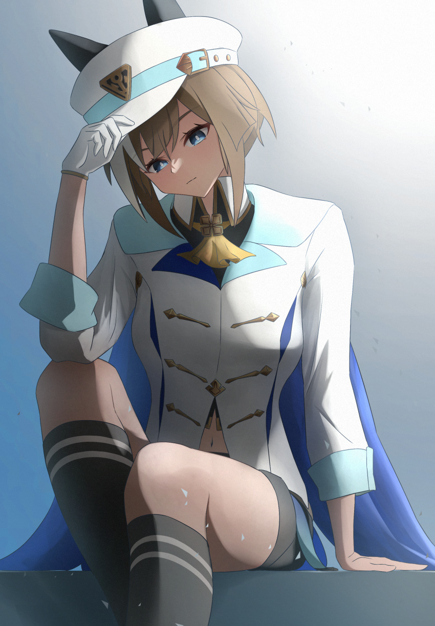1girl, absurdres, animal_ears, black_shorts, black_socks, blue_eyes, breasts, brown_hair