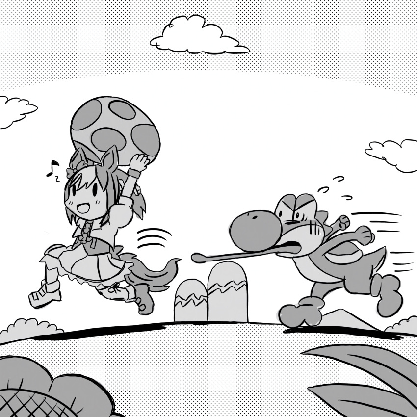 1girl, 7thgear, absurdres, animal_ears, asymmetrical_footwear, crossover, greyscale, highres, horse_ears, horse_girl, horse_tail, jacket, mismatched_footwear, monochrome, musical_note, puffy_short_sleeves, puffy_sleeves, running, short_sleeves, skirt, special_week_(umamusume), super_mario_bros., tail, tongue, tongue_out, umamusume, white_jacket, yoshi, yoshi_egg