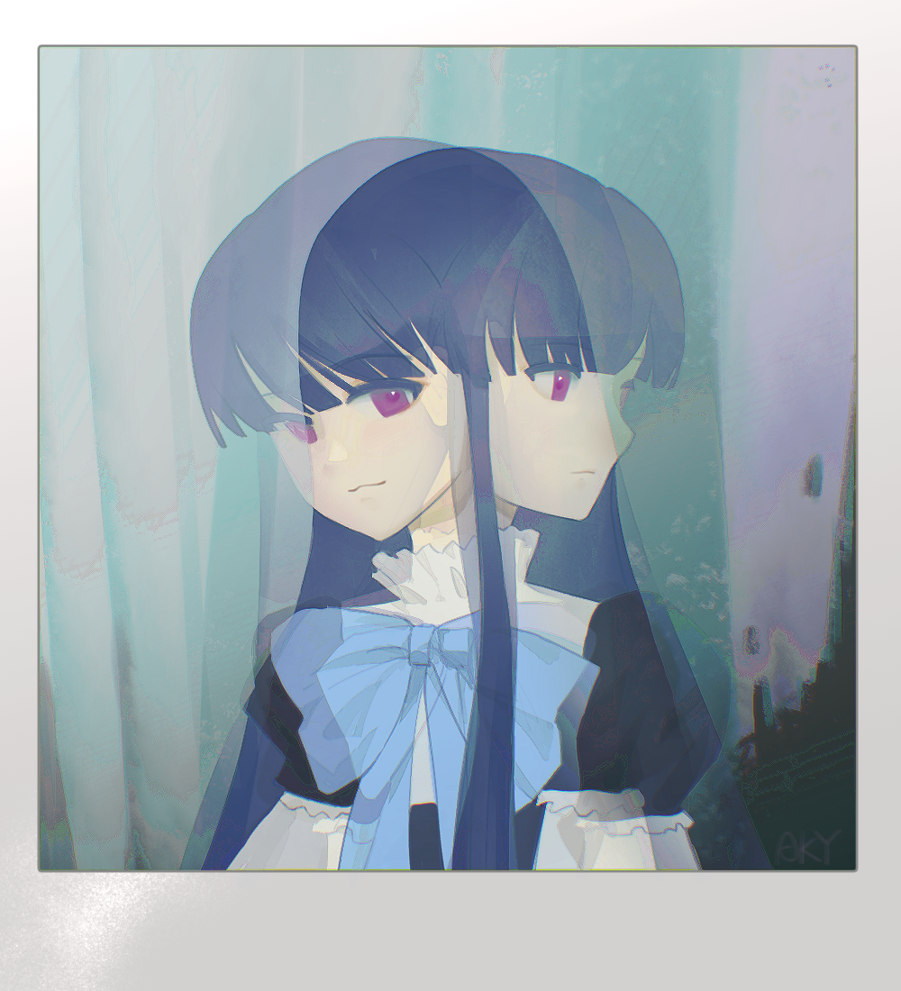 1girl, :3, black_dress, blue_hair, blunt_bangs, bow, commentary, dress