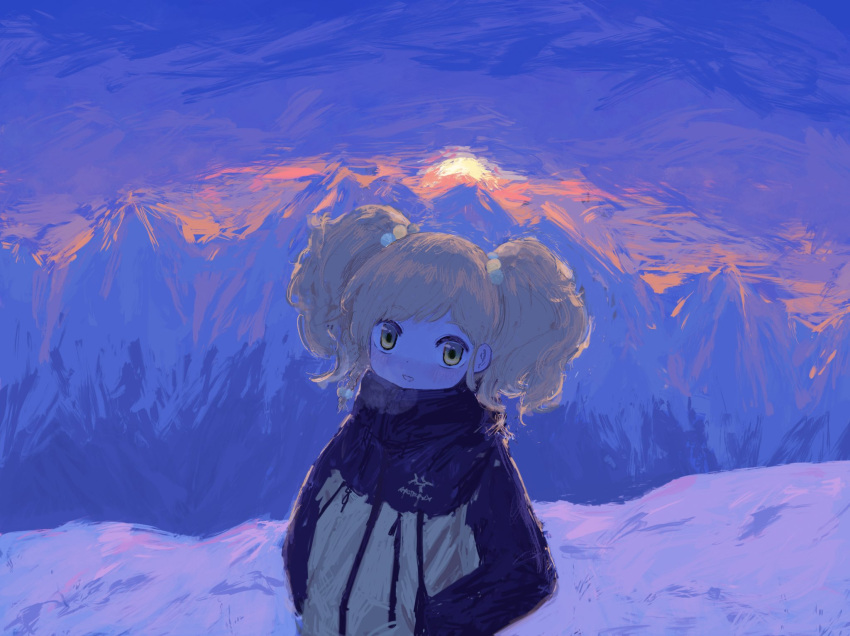 1girl, aikatsu!_(series), aikatsu_stars!, bad_id, bad_twitter_id, blonde_hair, breath, hair_bobbles, hair_ornament, hands_in_pockets, highres, jacket, long_sleeves, looking_at_viewer, masimaro_tan, mountain, nikaido_yuzu, outdoors, sky, smile, snow, solo, sun, twintails, upper_body, winter, winter_clothes