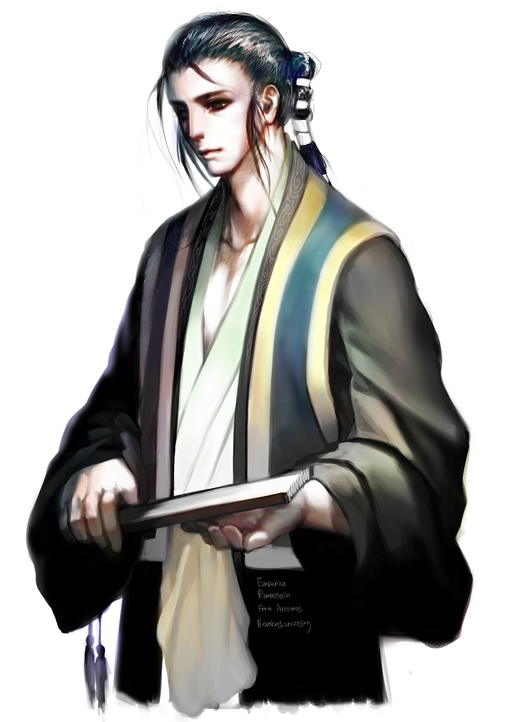 1boy, arcturus, berakoth, black_eyes, black_hair, black_pants, character_name, closed_mouth, commentary_request, cowboy_shot, dated, eispein, expressionless, folding_fan, hanbok, hand_fan, highres, korean_clothes, korean_commentary, long_sleeves, male_focus, medium_hair, pants, ponytail, realistic, simple_background, solo, tassel, white_background, white_hanbok, wide_sleeves