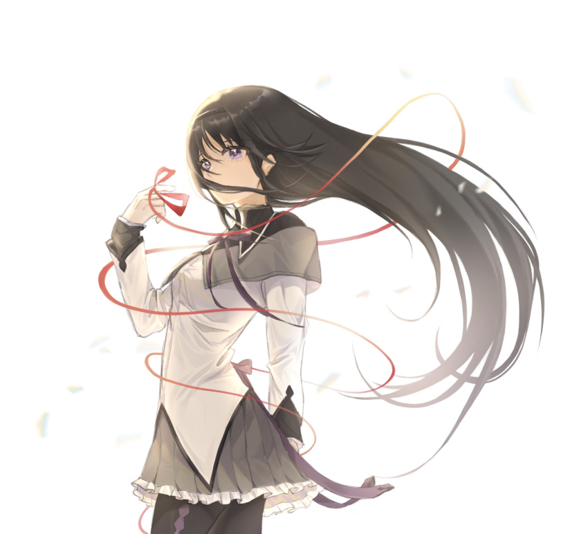 1girl, akemi_homura, argyle_clothes, argyle_pantyhose, back_bow, black_capelet, black_hair, black_hairband