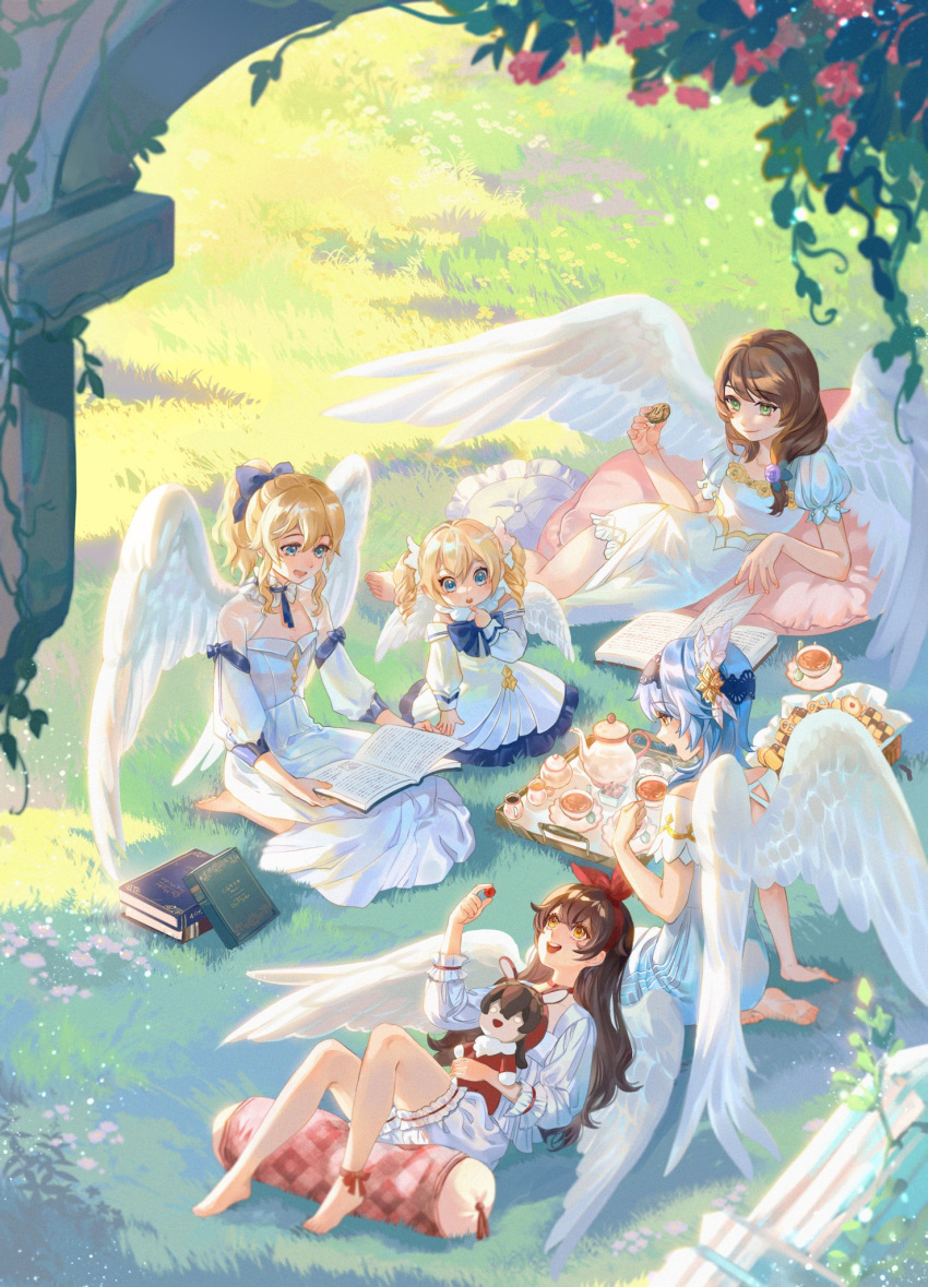 5girls, :o, aged_down, alternate_costume, amber_(genshin_impact), angel, angel_wings, ankle_ribbon, arm_support, barbara_(genshin_impact), barefoot, baron_bunny_(genshin_impact), black_hairband, blonde_hair, blue_bow, blue_dress, blue_eyes, blue_hair, blurry, book, bow, brown_hair, choker, cookie, cup, day, depth_of_field, do_myzu, doll, dress, dress_bow, english_commentary, eula_(genshin_impact), feathered_wings, finger_to_own_chin, flower, food, genshin_impact, grass, green_eyes, hair_between_eyes, hair_bow, hair_flower, hair_ornament, hair_over_shoulder, hairband, hand_up, high_ponytail, highres, holding, holding_book, holding_cup, holding_doll, holding_food, jean_(genshin_impact), lap_pillow, leg_ribbon, lisa_(genshin_impact), long_hair, long_sleeves, low-tied_long_hair, lying, medium_hair, multiple_girls, on_back, on_grass, on_side, open_book, open_mouth, outdoors, overgrown, pants, pillow, pink_flower, ponytail, puffy_long_sleeves, puffy_short_sleeves, puffy_sleeves, purple_flower, purple_rose, reading, red_bow, red_choker, red_ribbon, ribbon, rose, ruins, saucer, shirt, short_sleeves, shrug_(clothing), side_slit, sitting, sleeveless, sleeveless_dress, smile, spoon, tea, teacup, teapot, teeth, three-quarter_sleeves, tray, twintails, white_choker, white_dress, white_pants, white_shirt, white_shrug, white_wings, wings, yellow_eyes