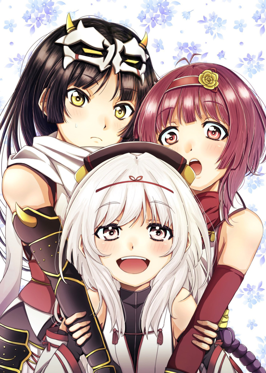 3girls, armor, azuki_nagamitsu_(tenka_hyakken), bare_shoulders, black_hair, closed_mouth, commentary_request, daihannya_nagamitsu_(tenka_hyakken)