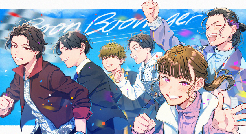 1girl, 5boys, aam09212, akuse_jou, bakuage_sentai_boonboomger, black_hair, blue_jacket, boonboom_changer