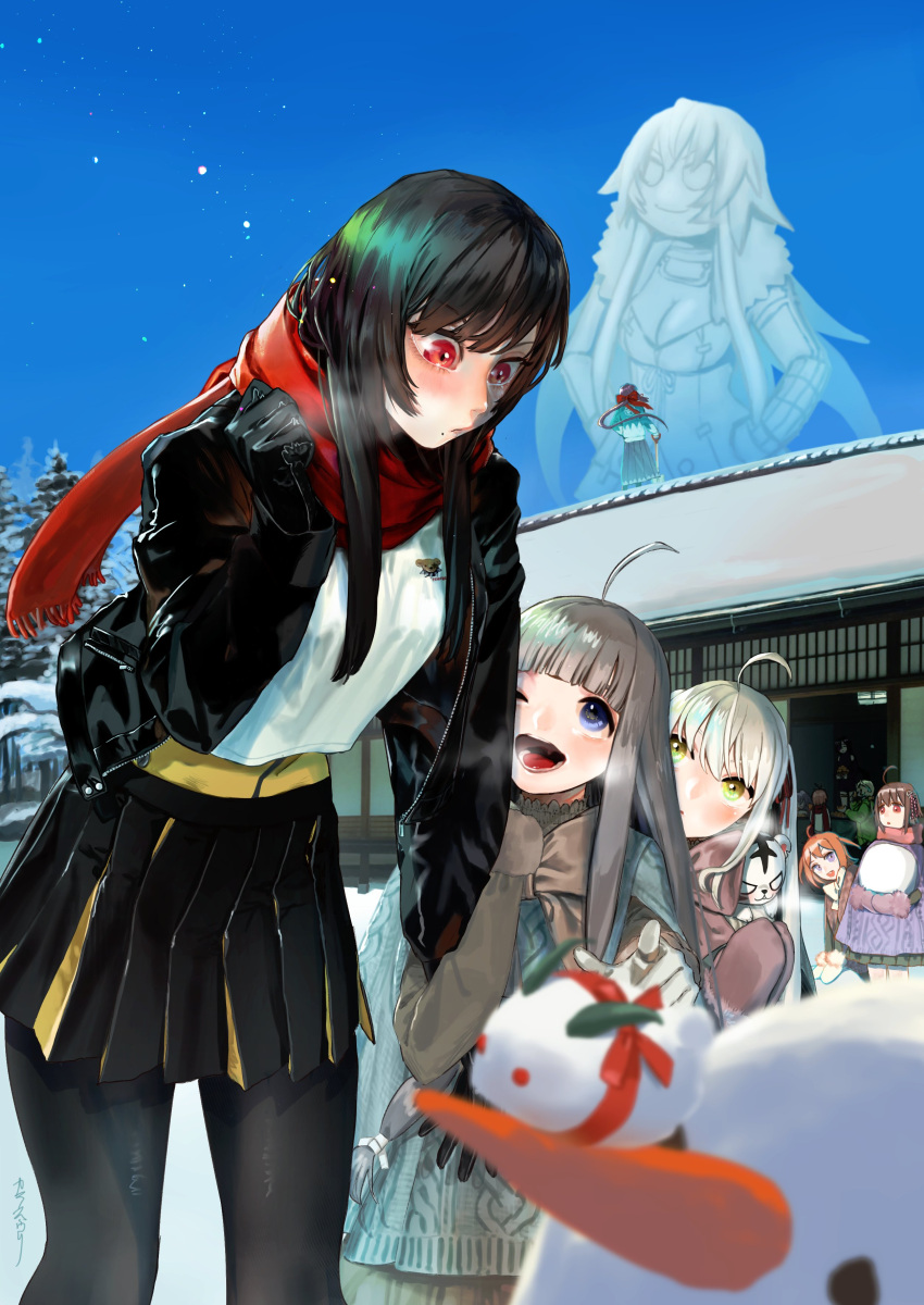 6+girls, absurdres, ahoge, alternate_costume, black_hair, black_skirt, black_thighhighs, blue_sky