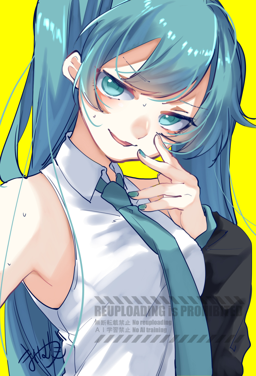 1girl, absurdres, aqua_hair, aqua_nails, aqua_necktie, bare_shoulders, detached_sleeves, hatsune_miku