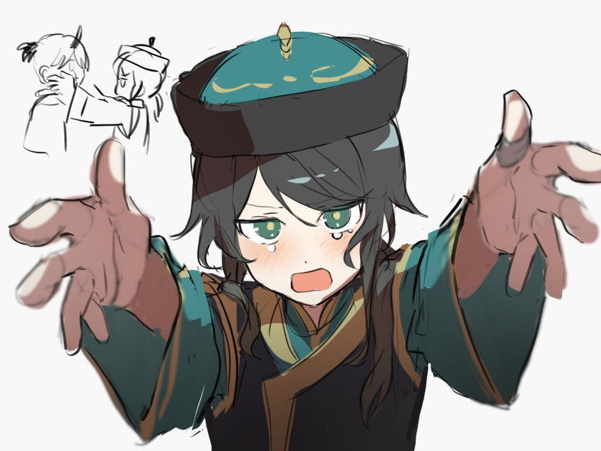 1boy, black_hair, blush, crying, crying_with_eyes_open, edgar_valden, identity_v, looking_at_viewer, luca_balsa, open_hand, open_mouth, otoko_no_ko, outstretched_arms, qhfrjx, reaching, reaching_towards_viewer, tearing_up, tears, white_background