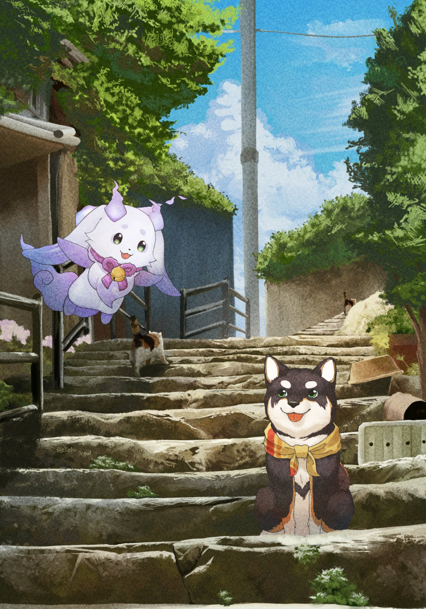 :3, bell, black_dog, blue_sky, cat, chibikemo, clouds, commentary_request