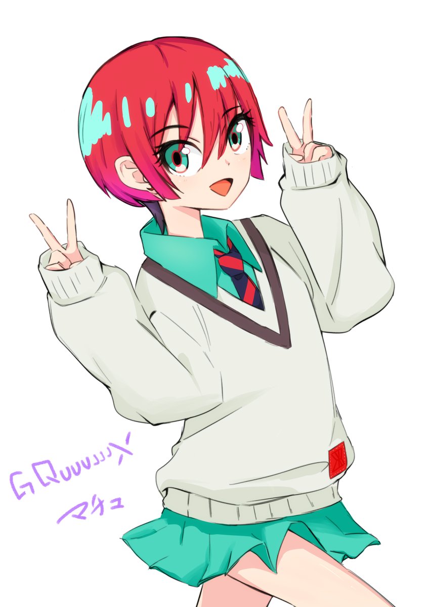 1girl, amate_yuzuriha, aqua_eyes, aqua_shirt, aqua_skirt, blush, double_v, gundam