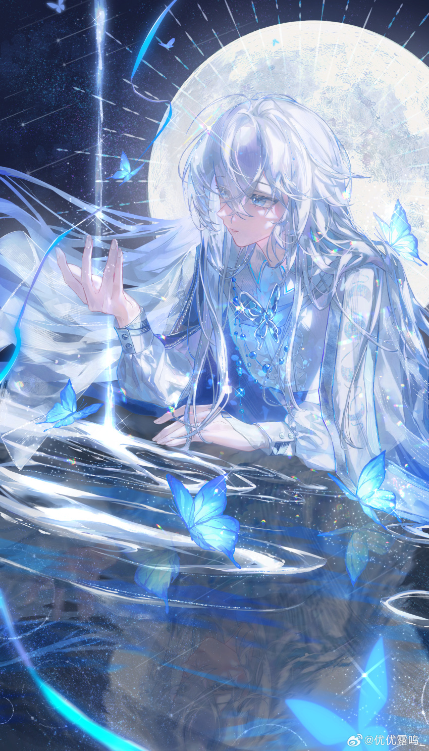 1boy, absurdres, androgynous, becoming_a_god_in_the_zerg_world_by_livestreaming_bl_novels, blue_butterfly, blue_cape, blue_eyes, blue_gemstone, blue_ribbon, bug, butterfly, butterfly_brooch, cape, center_frills, chinese_commentary, collared_shirt, eyes_visible_through_hair, frills, full_moon, gem, hair_between_eyes, hand_up, highres, light_particles, long_hair, long_sleeves, looking_at_animal, lying, male_focus, moon, on_liquid, on_stomach, parted_lips, pouring, reflection, reflective_water, ribbon, ripples, see-through_clothes, shi_cunjin, shirt, shooting_star, sideways_glance, sky, solo, star_(sky), starry_sky, two-sided_cape, two-sided_fabric, upper_body, very_long_hair, watermark, weibo_watermark, white_cape, white_hair, white_shirt, youyou_lu_ming