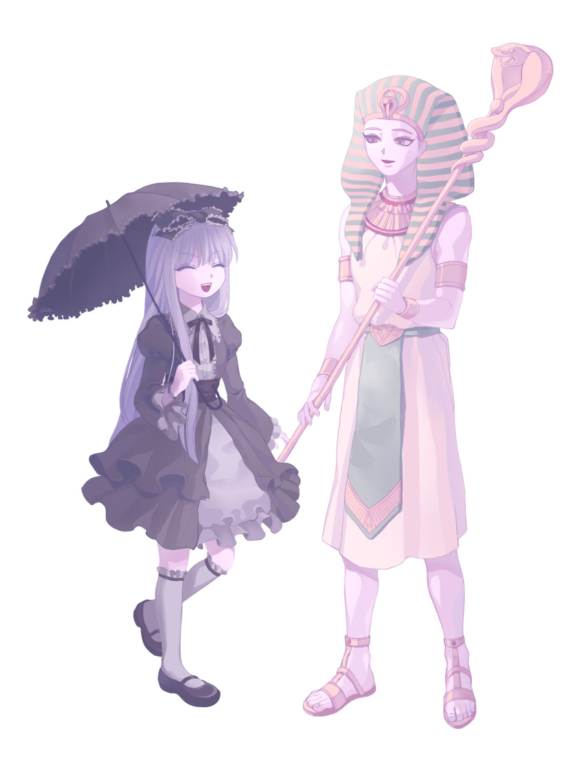 1boy, 1girl, aaron_emile, alternate_costume, ancient_egyptian_clothes, arcturus, black_bow, black_bowtie