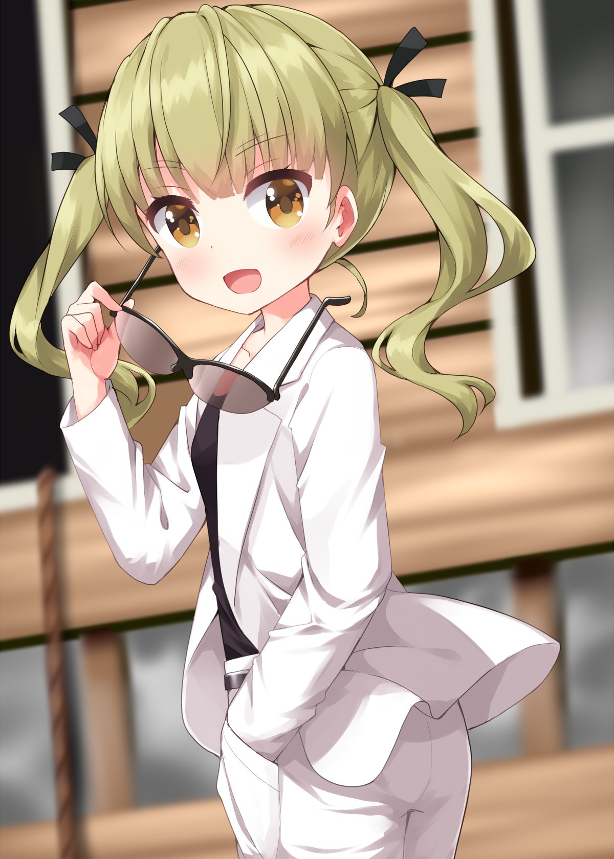1girl, :d, black_ribbon, blunt_bangs, blurry, blurry_background, blush, commentary_request
