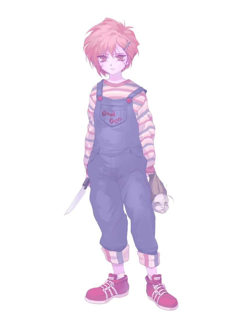 1girl, ai_zarathustra, alternate_costume, arcturus, blue_overalls, child's_play, chucky, chucky_(cosplay)