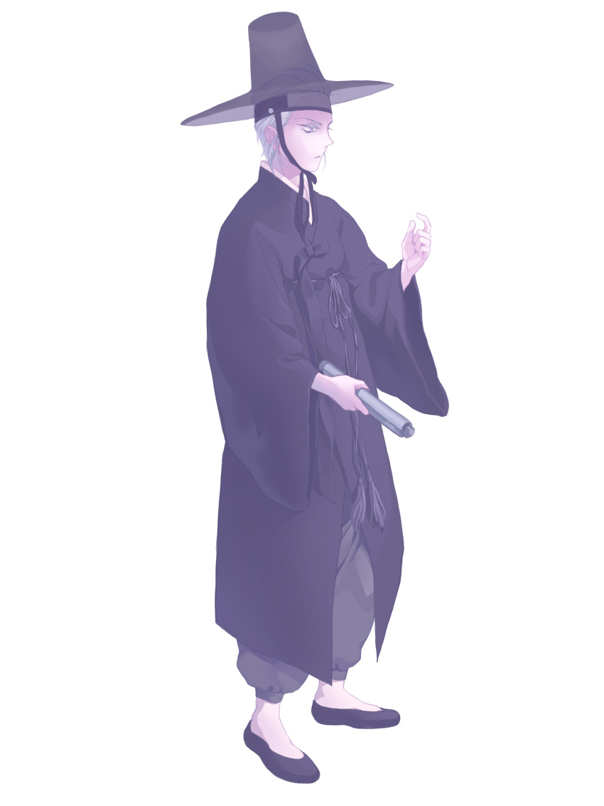 1boy, alternate_costume, arcturus, black_hanbok, black_hat, black_shoes, closed_mouth, commentary_request