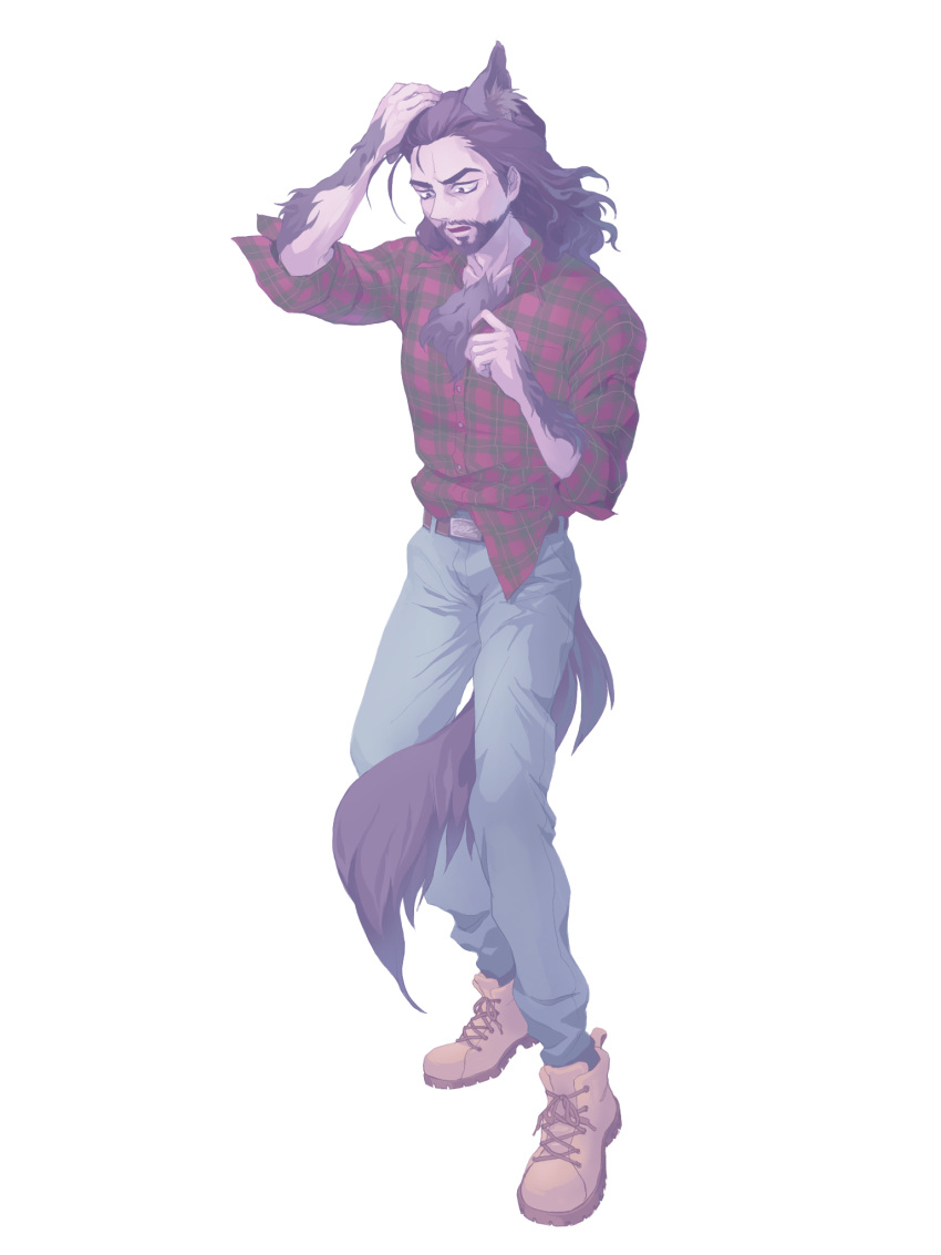 1boy, alternate_costume, animal_ears, arcturus, beard, between_legs, blue_pants, brown_boots