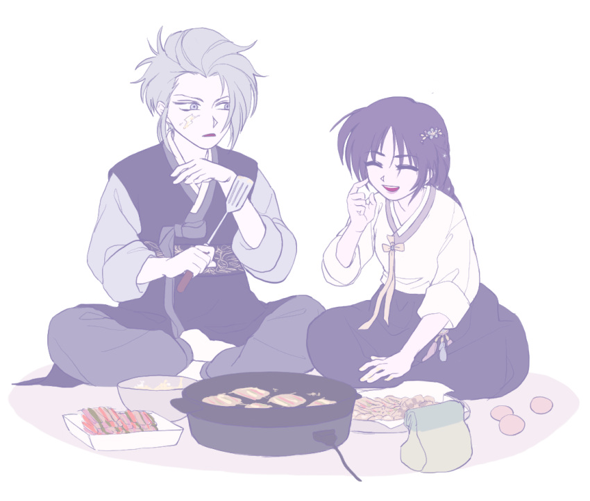 1boy, 1girl, alternate_costume, arcturus, black_hair, black_hanbok, black_skirt, celine_(arcturus)
