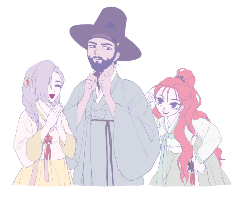 1boy, 2girls, alternate_costume, arcturus, beard, black_hair, black_hat, braid, carrot_aarseth, commentary_request, cowboy_shot, facial_hair, gat_(hat), grey_hair, grey_hanbok, hair_over_one_eye, hat, korean_commentary, korean_text, long_hair, multiple_girls, open_mouth, orange_hair, peach_aarseth, short_hair, siblings, simple_background, sisters, smile, tenzi_(arcturus), ttyo_(yon), twin_braids, upper_body, violet_eyes, white_background, yellow_hanbok