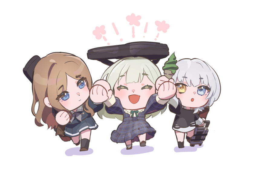 3girls, arms_up, bang_dream!, bang_dream!_it's_mygo!!!!!, black_shirt, blue_dress, blue_eyes, blue_skirt