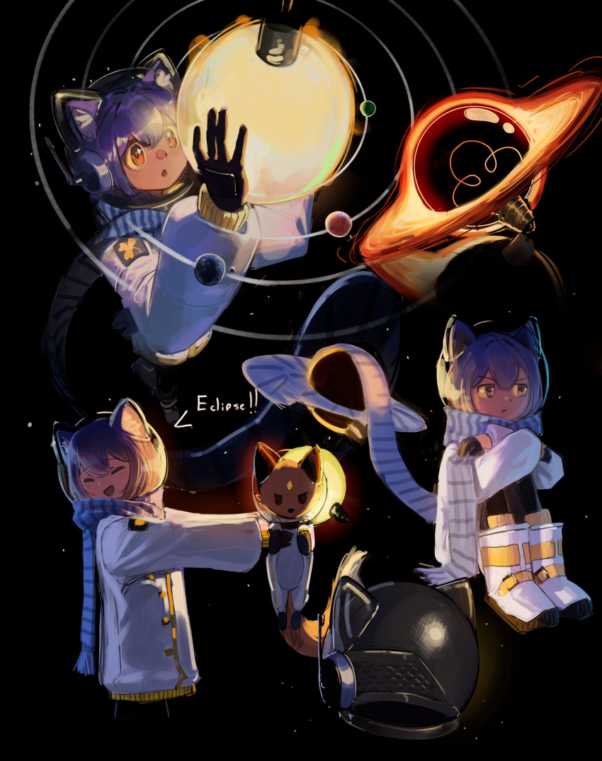1other, :o, :t, absurdres, alternate_costume, androgynous, animal, animal_ear_fluff, animal_ears, animal_nose, black_background, black_fur, black_gloves, black_hole, blue_hair, blue_scarf, brown_eyes, cat_ears, child, closed_eyes, closed_mouth, clothed_animal, clover_print, coat, colored_sclera, commentary, crossed_arms, dot_nose, english_commentary, english_text, facing_to_the_side, fox, gloves, helmet, highres, holding, holding_animal, holding_bulb, light_bulb, long_scarf, long_sleeves, looking_at_object, looking_at_viewer, looking_to_the_side, medium_hair, multiple_views, niko_(oneshot), oneshot_(game), open_mouth, orange_fur, orange_tail, orbital_path, parted_lips, planet, pout, radio_antenna, rue_(oneshot), scarf, shadches72, sitting, smile, space_helmet, star_(symbol), striped_clothes, striped_scarf, sun, unworn_headwear, unworn_helmet, v-shaped_eyebrows, v-shaped_eyes, vertical-striped_clothes, vertical-striped_scarf, white_boots, white_coat, yellow_sclera