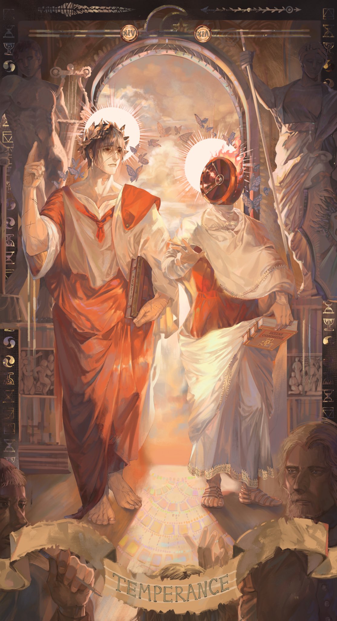 1other, 3boys, ancient_greek_clothes, arch, backlighting, blue_butterfly, book, bug