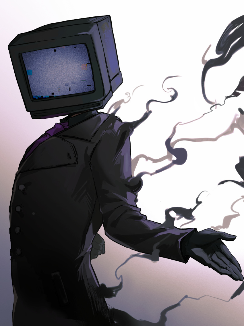 1boy, absurdres, arm_behind_back, black_gloves, black_jacket, facing_viewer, gloves, hand_up