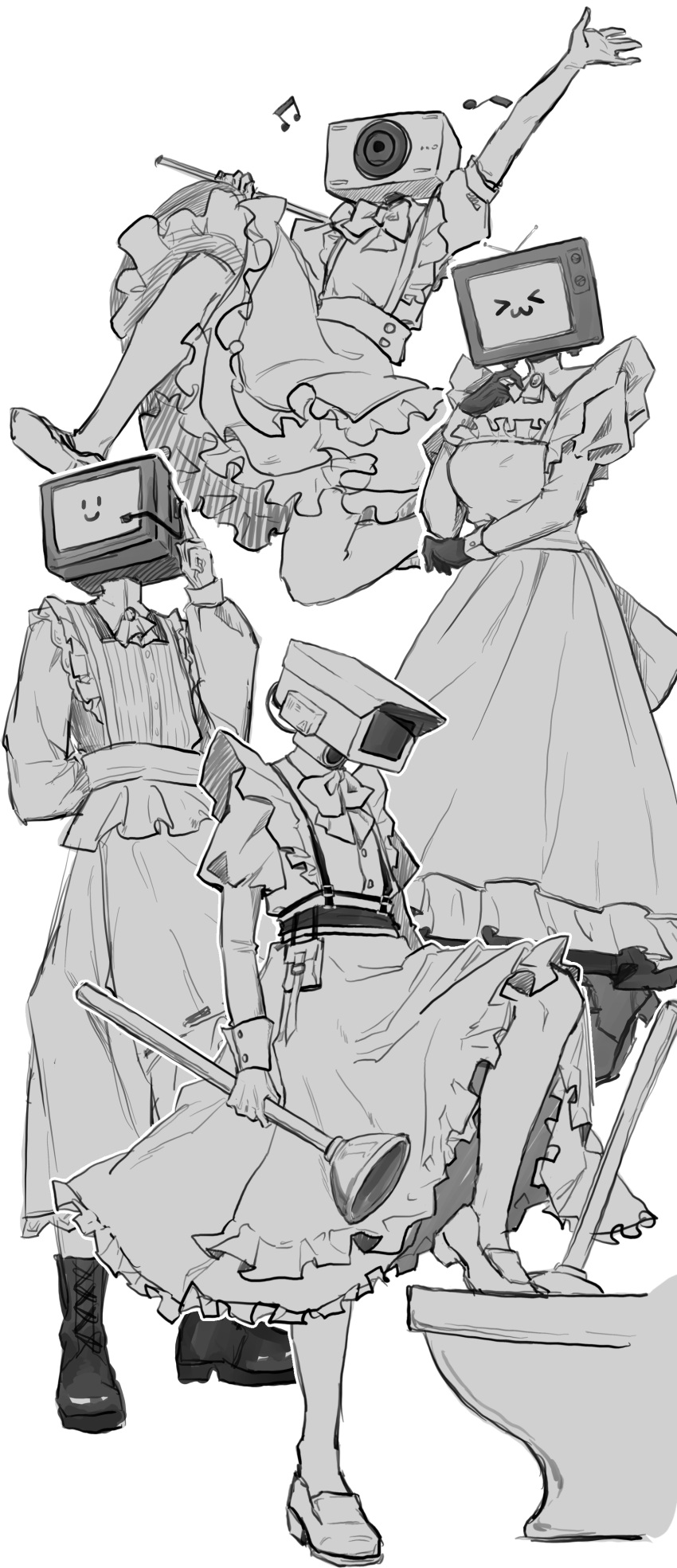 >_<, 1girl, 3boys, :3, absurdres, apron, arm_up, ascot