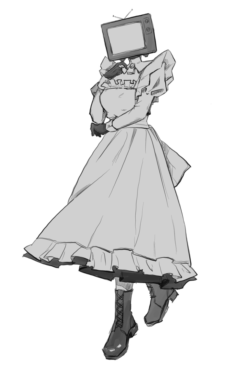 1girl, absurdres, apron, back_bow, boots, bow, breasts, dress