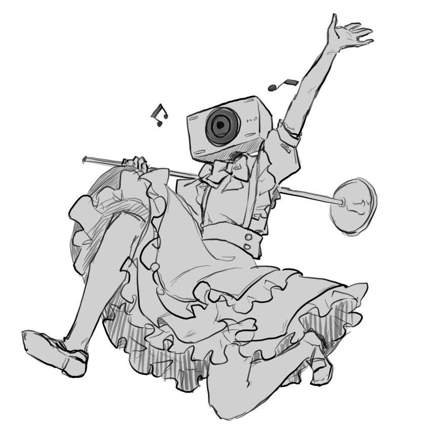 1boy, absurdres, apron, arm_up, bow, bowtie, dress, frilled_apron