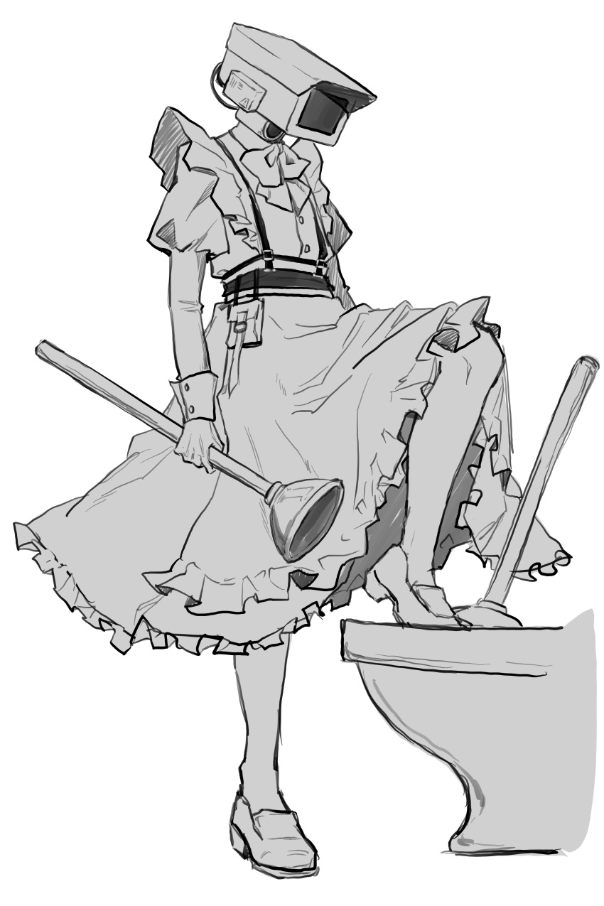 1boy, absurdres, apron, bow, bowtie, chest_harness, crossdressing, dress