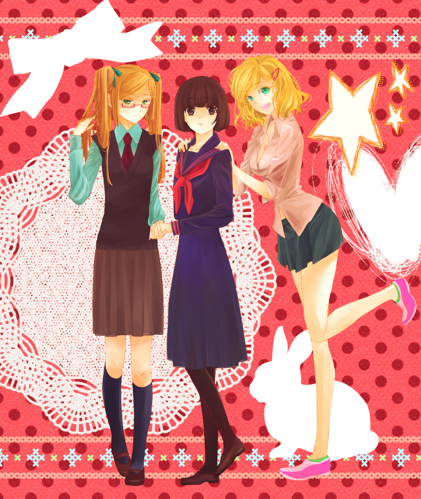 america_(hetalia), axis_powers_hetalia, blonde_hair, breasts, brown_eyes, brown_hair, cleavage, genderswap