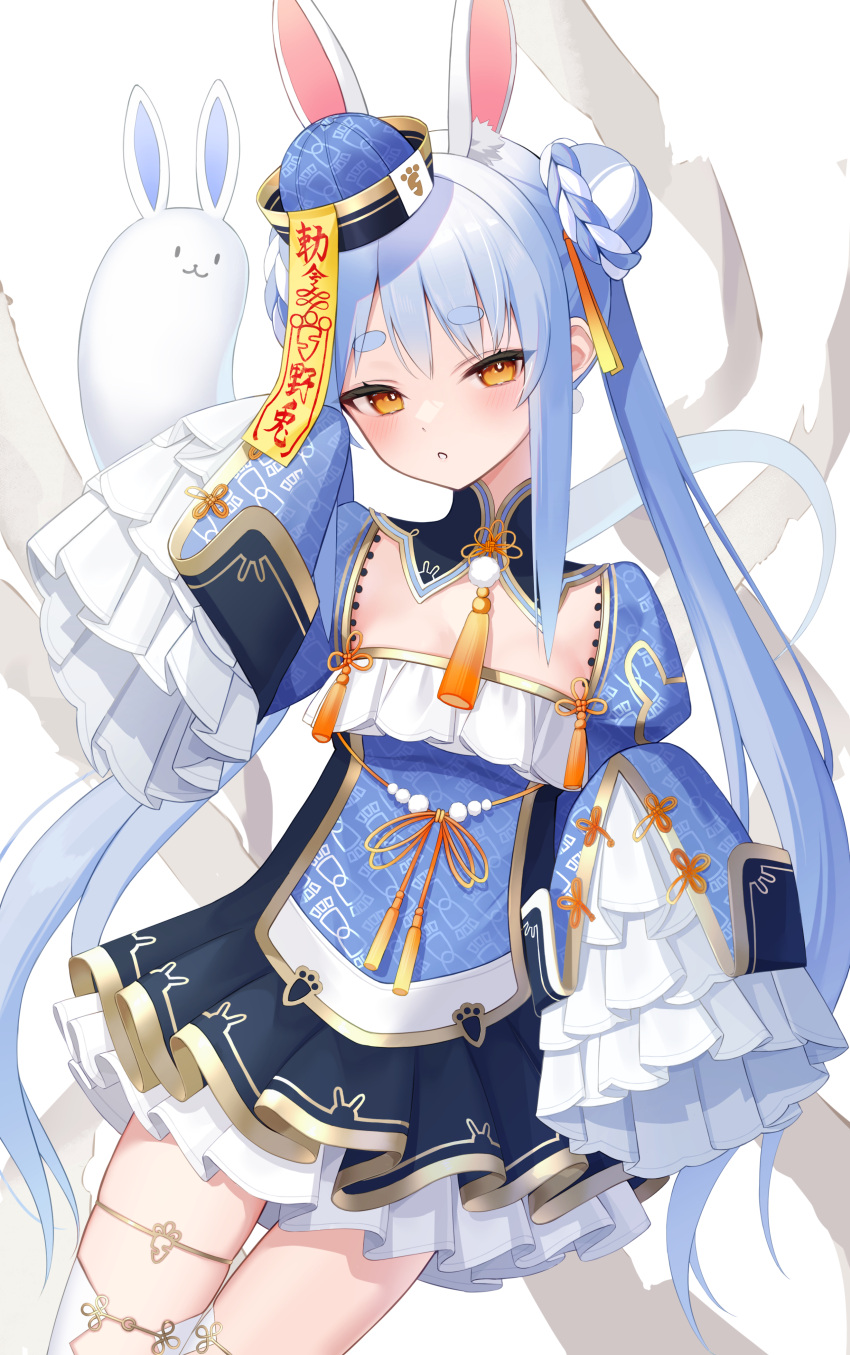 1girl, absurdres, animal_ears, blue_dress, blue_hair, blue_hat, blue_sleeves, breasts, bun_with_braided_base, china_dress, chinese_clothes, don-chan_(usada_pekora), double_bun, dress, extra_ears, frilled_dress, frilled_sleeves, frills, ghost, hair_bun, hand_up, hat, highres, hikimayu, hololive, long_hair, long_sleeves, looking_at_viewer, multicolored_hair, official_alternate_costume, official_alternate_hairstyle, ofuda, orange_eyes, rabbit-shaped_pupils, rabbit_ears, rabbit_girl, shin_insh, short_eyebrows, sleeves_past_fingers, sleeves_past_wrists, small_breasts, solo, symbol-shaped_pupils, thick_eyebrows, thigh-highs, thigh_gap, thigh_strap, twintails, two-tone_hair, usada_pekora, usada_pekora_(10th_costume), very_long_hair, virtual_youtuber, white_hair, white_thighhighs