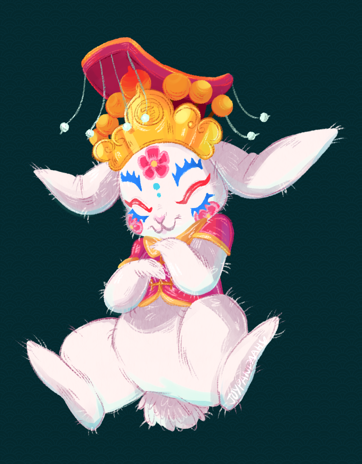 :3, animal, closed_eyes, closed_mouth, clothed_animal, commentary, english_commentary, flower, full_body, green_background, hat, joypandaah, kyokugen_dasshutsu, kyokugen_dasshutsu_adv:_zennin_shibou_desu, no_humans, pink_flower, rabbit, red_hat, red_shirt, shirt, simple_background, smile, solo, white_fur, zero_iii