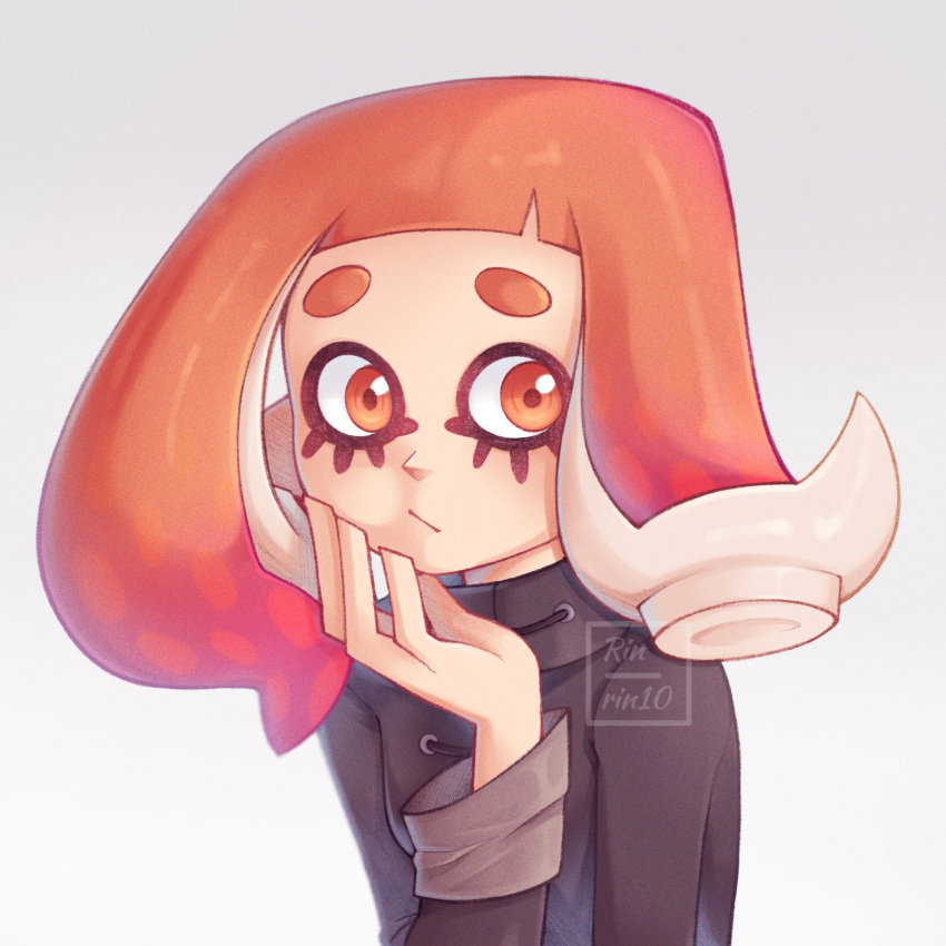 1girl, artist_name, black_shirt, gradient_background, grey_background, hand_up, highres, long_sleeves