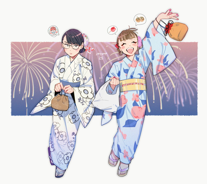 2girls, aam09212, arm_up, bakuage_sentai_boonboomger, black_hair, blue_kimono, blush, brown_hair