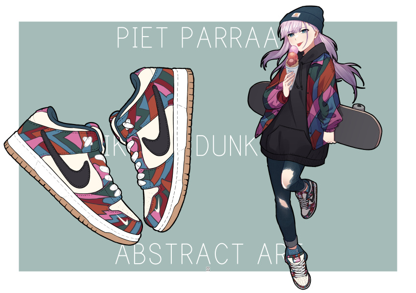 1girl, absurdres, beanie, black_hoodie, blue_eyes, blue_hat, blue_pants, border