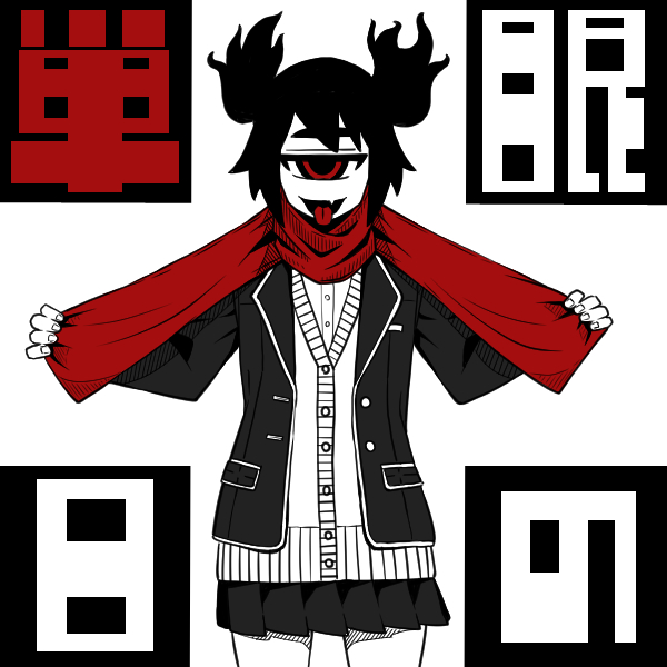 1girl, black_hair, cyclops, fang, jacket, looking_at_viewer, monochrome, one-eyed