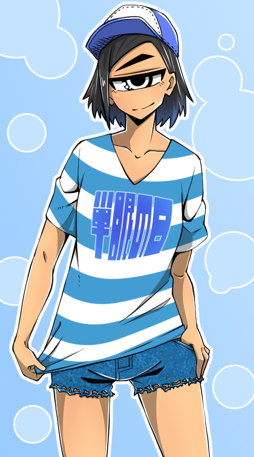 1girl, baseball_cap, black_hair, blue_background, cyclops, denim, denim_shorts, grey_eyes