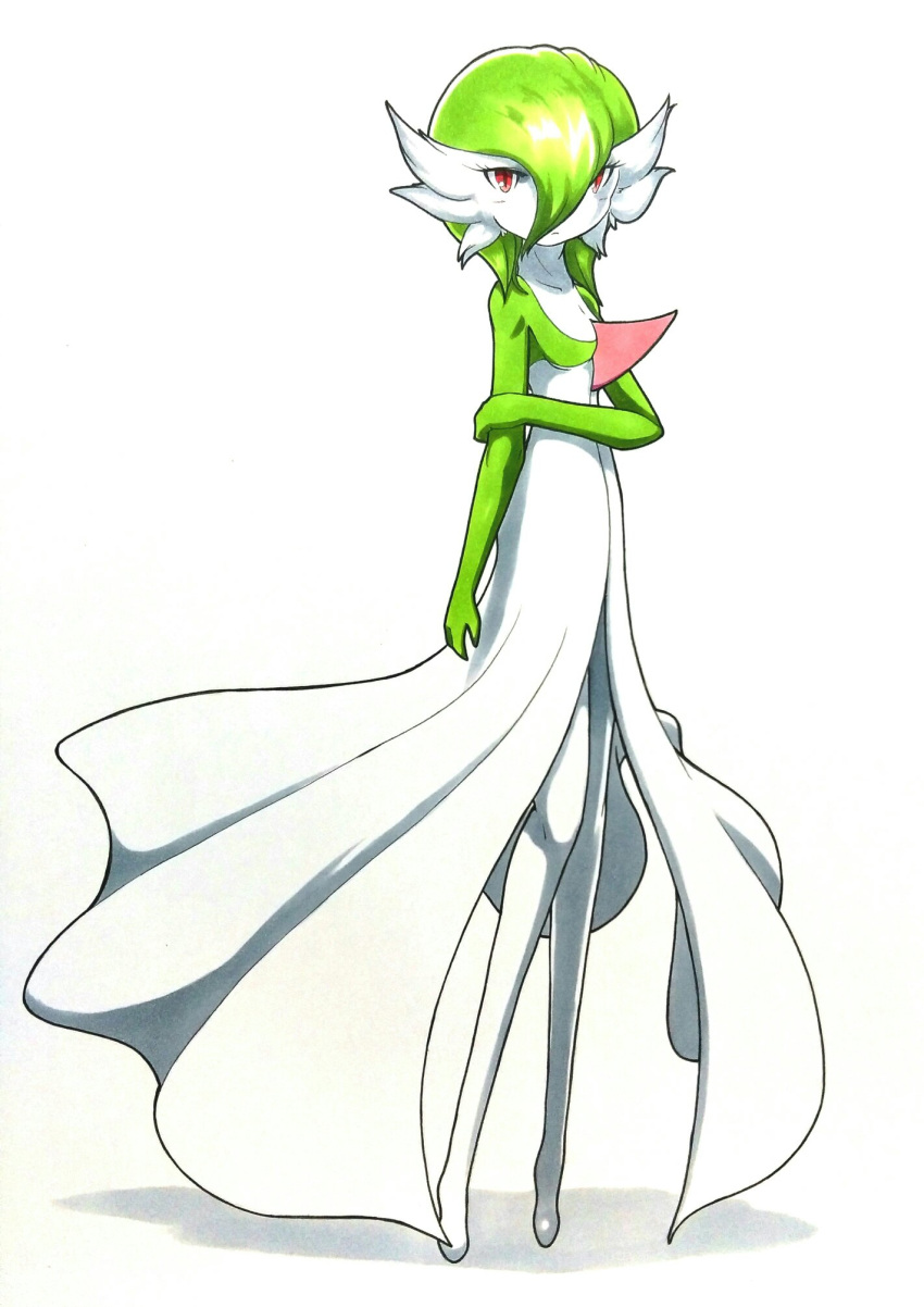 025aki, bob_cut, colored_skin, dress, gardevoir, green_hair, green_skin, hand_on_own_arm, highres, multicolored_skin, pink_eyes, pokemon, pokemon_(creature), simple_background, two-tone_skin, white_background, white_dress, white_skin