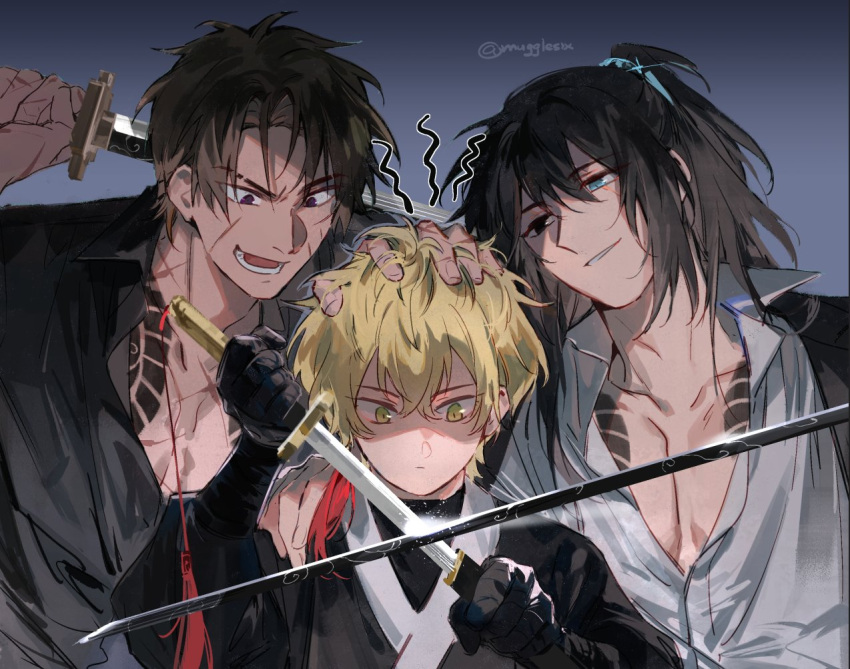 3boys, black_coat, black_eyes, black_gloves, black_hair, black_shirt, blade_lineage_(identity)_(project_moon), blonde_hair