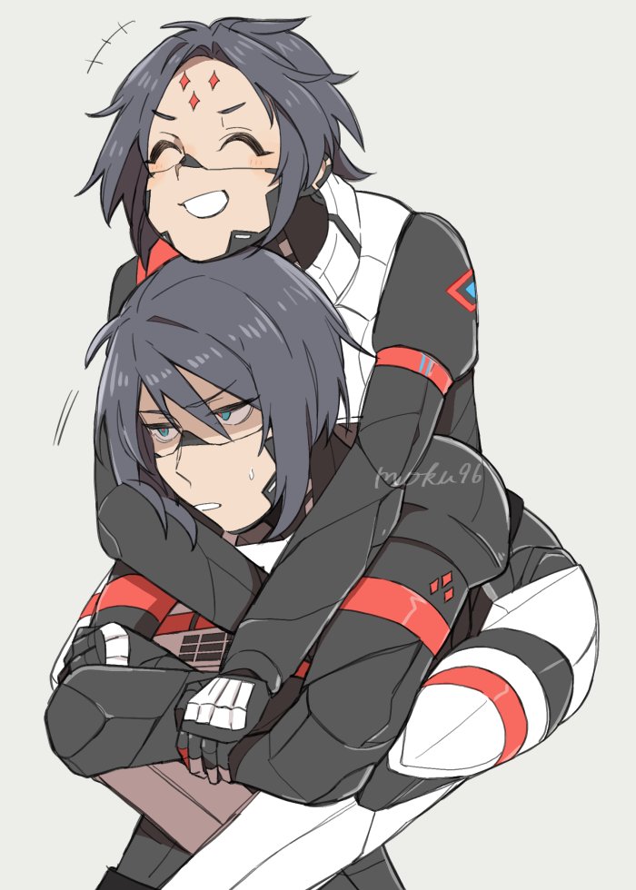 2girls, android, angry, annoyed, black_hair, blue_eyes, cyberpunk, eule_(signalis)