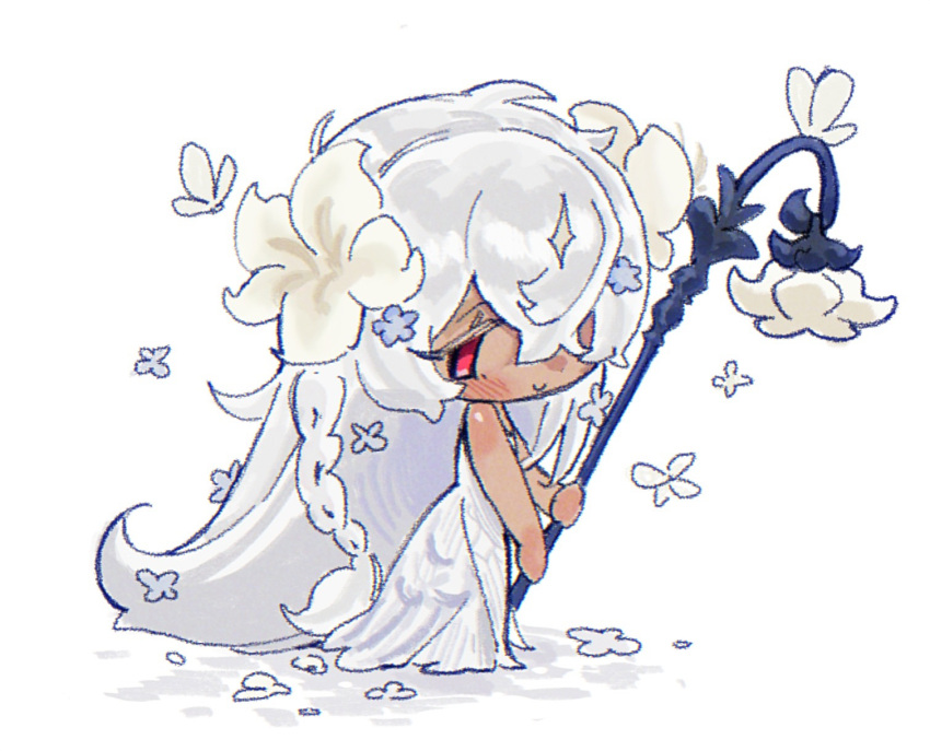 1girl, blush, braid, closed_mouth, cookie_run, cookie_run:_kingdom, dress, flower, full_body, highres, holding, holding_staff, long_hair, looking_at_viewer, pani_5750, side_braid, sleeveless, sleeveless_dress, smile, solo, staff, very_long_hair, white_dress, white_flower, white_hair, white_lily_cookie, white_lily_cookie_(moonflower_faerie)