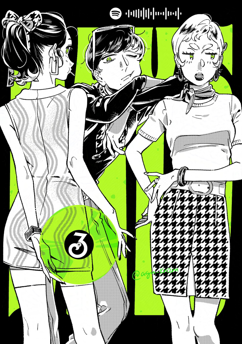 1boy, 2girls, arai_sumiko, bow, bracelet, character_request, commentary, countdown