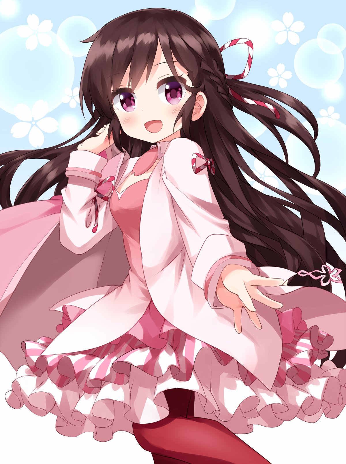 1girl, :d, blue_background, blush, brown_hair, chiyoda_sakura, commentary, cowboy_shot