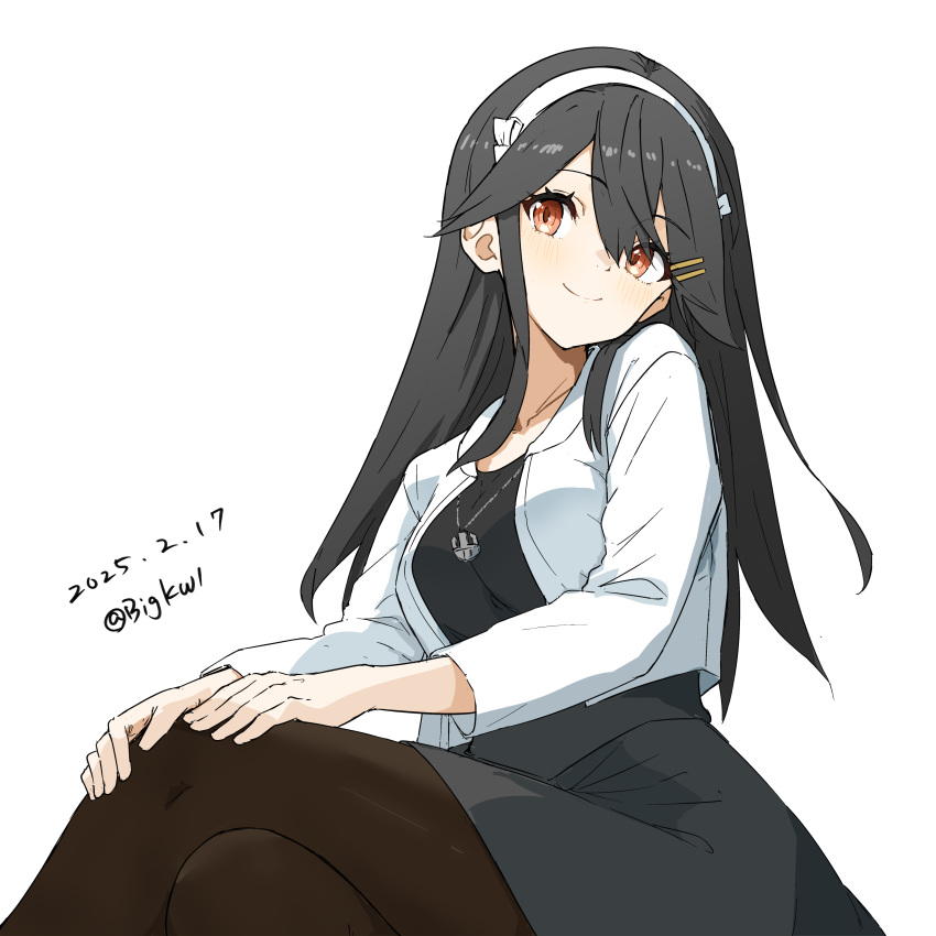 1girl, absurdres, anchor_necklace, bigkwl, black_hair, black_pantyhose, black_shirt, breasts, brown_eyes, casual, grey_skirt, hair_between_eyes, hair_ornament, hairband, hairclip, haruna_(kancolle), haruna_(mitsukoshi)_(kancolle), highres, jacket, jewelry, kantai_collection, long_hair, long_skirt, looking_at_viewer, medium_breasts, necklace, official_alternate_costume, pantyhose, shirt, sitting, skirt, solo, white_hairband, white_jacket
