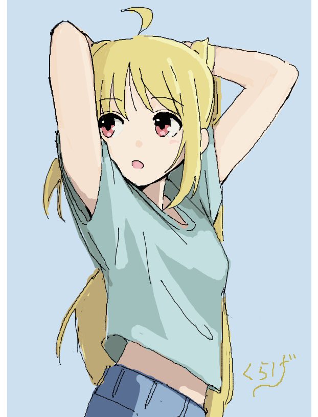 1girl, adjusting_hair, ahoge, alternate_costume, arms_up, artist_name, blonde_hair, blue_background, blue_shirt, bocchi_the_rock!, from_side, hair_down, hashtag-only_commentary, ijichi_nijika, kurage_yamanasi, long_hair, long_sidelocks, looking_back, midriff_peek, open_mouth, red_eyes, shirt, short_sleeves, sidelocks, simple_background, t-shirt, very_long_hair