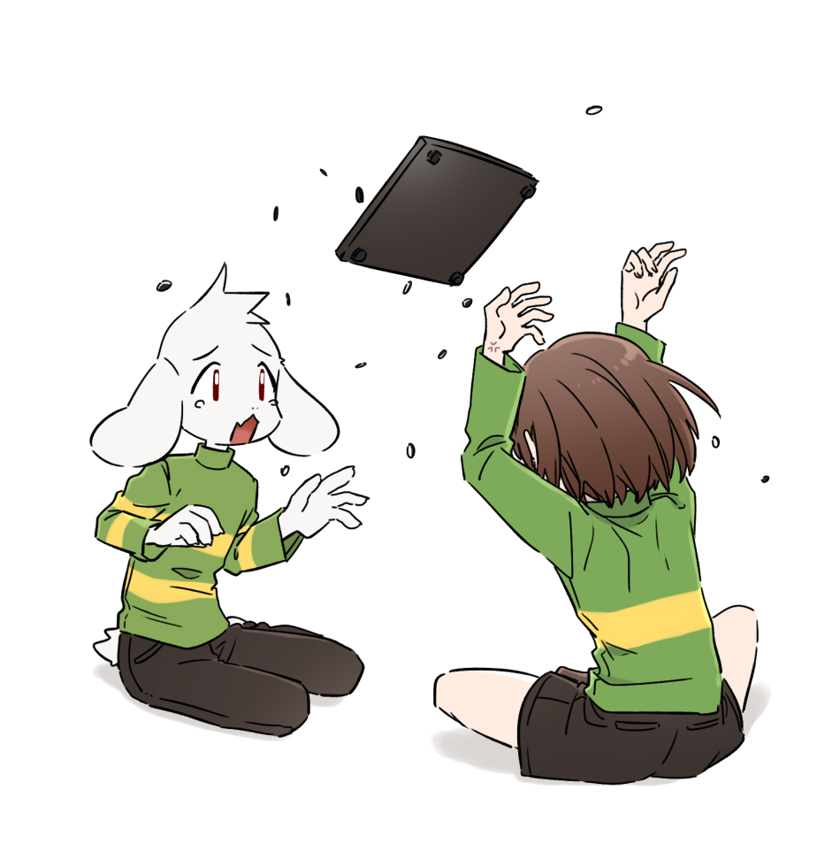 1boy, 1other, asriel_dreemurr, black_pants, black_shorts, board_game, brown_hair, chara_(undertale)