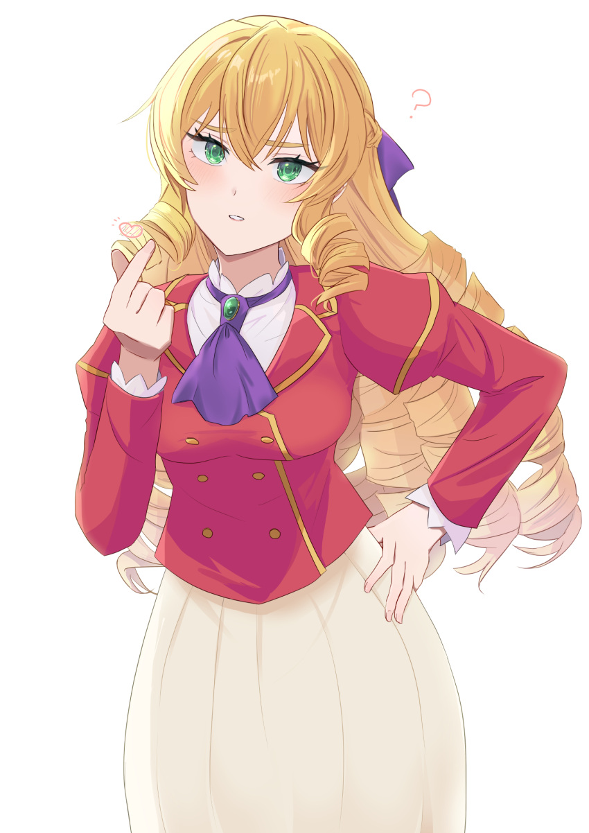 1girl, ?, akuyaku_reijou_tensei_ojisan, ascot, blonde_hair, blush, breasts, confused